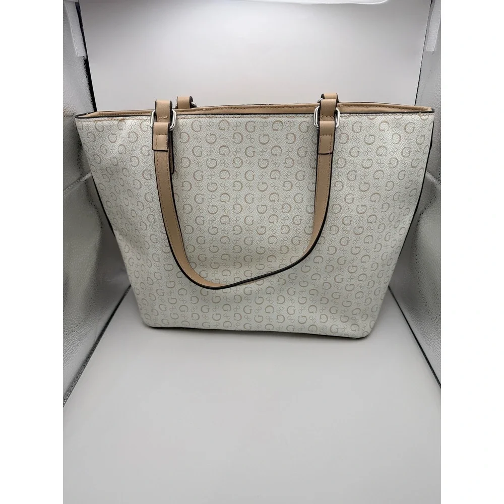 GUESS Tote Bag Womens Large Cream Tan Good Monogram Logo Print Shoulder Bag
